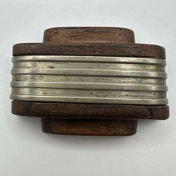 Antique Art Deco 1930s polished brown woodgrain wood silver tone brooch - Picture 2 of 8